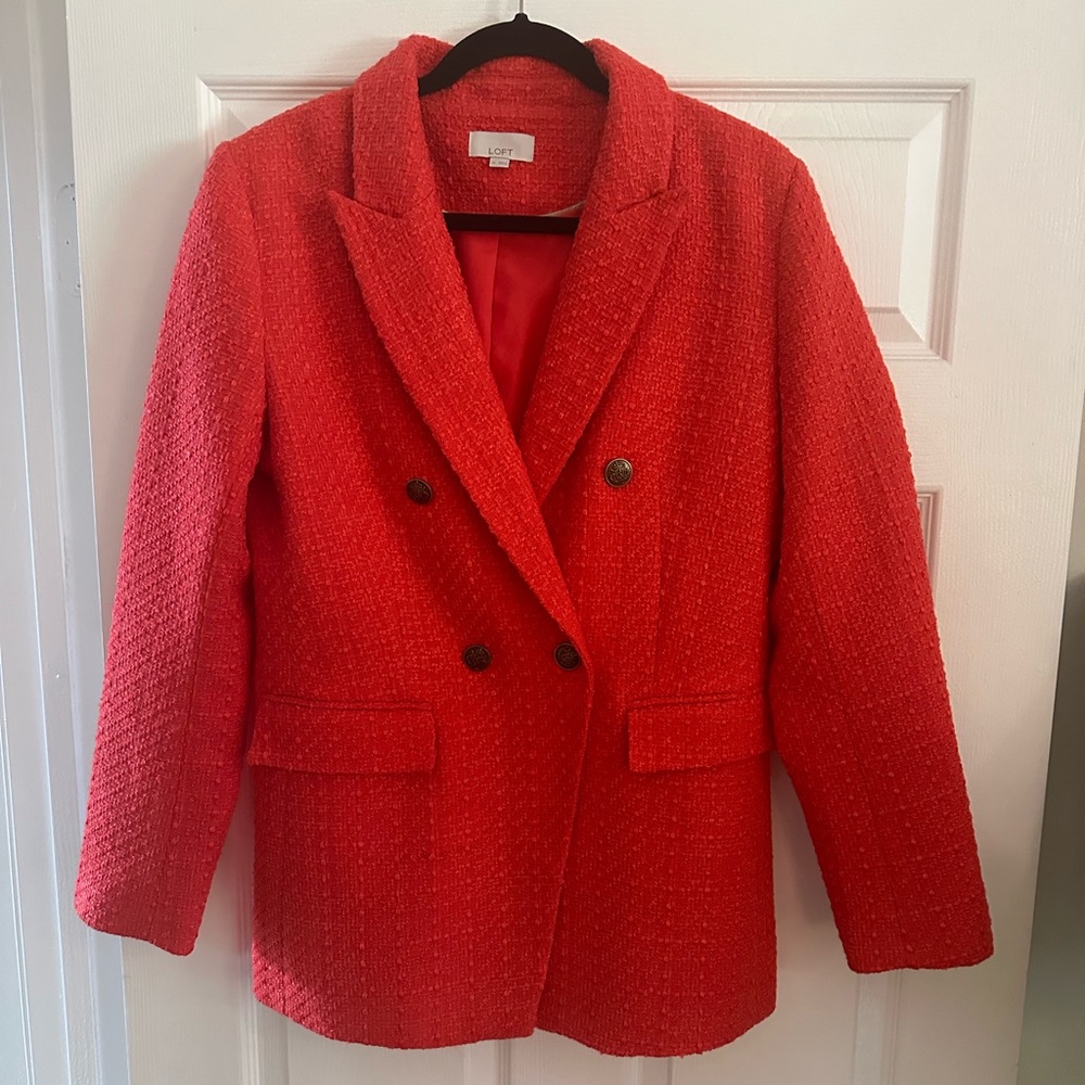LOFT Double-Breasted Tweed Blazer, Size 10, Color: Rapture Red (coral)
